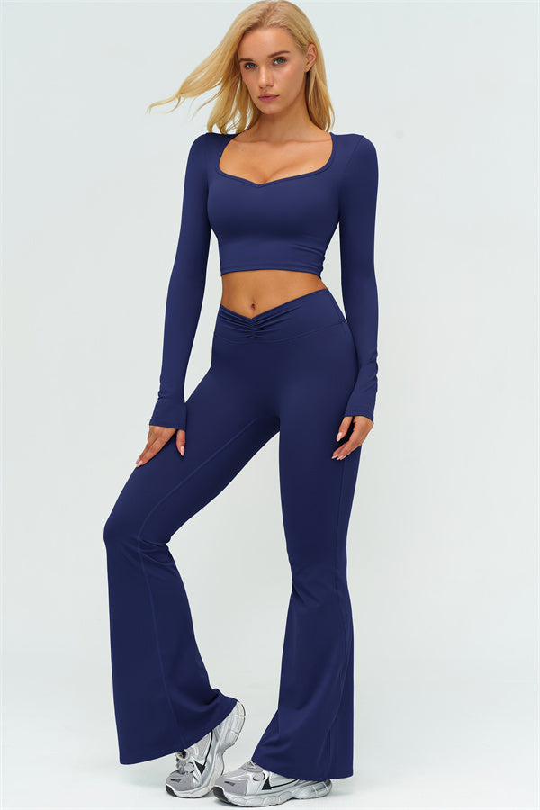 The Lushness Long Sleeve Crop Top Flared Leggings 2-Piece Set