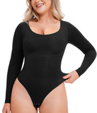 Long Sleeve Bodysuit for Women – Scoop Neck Thong Shapewear with Tummy Control & Slimming Fit