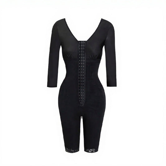 Black bodycon dress with lace-up front on a white background