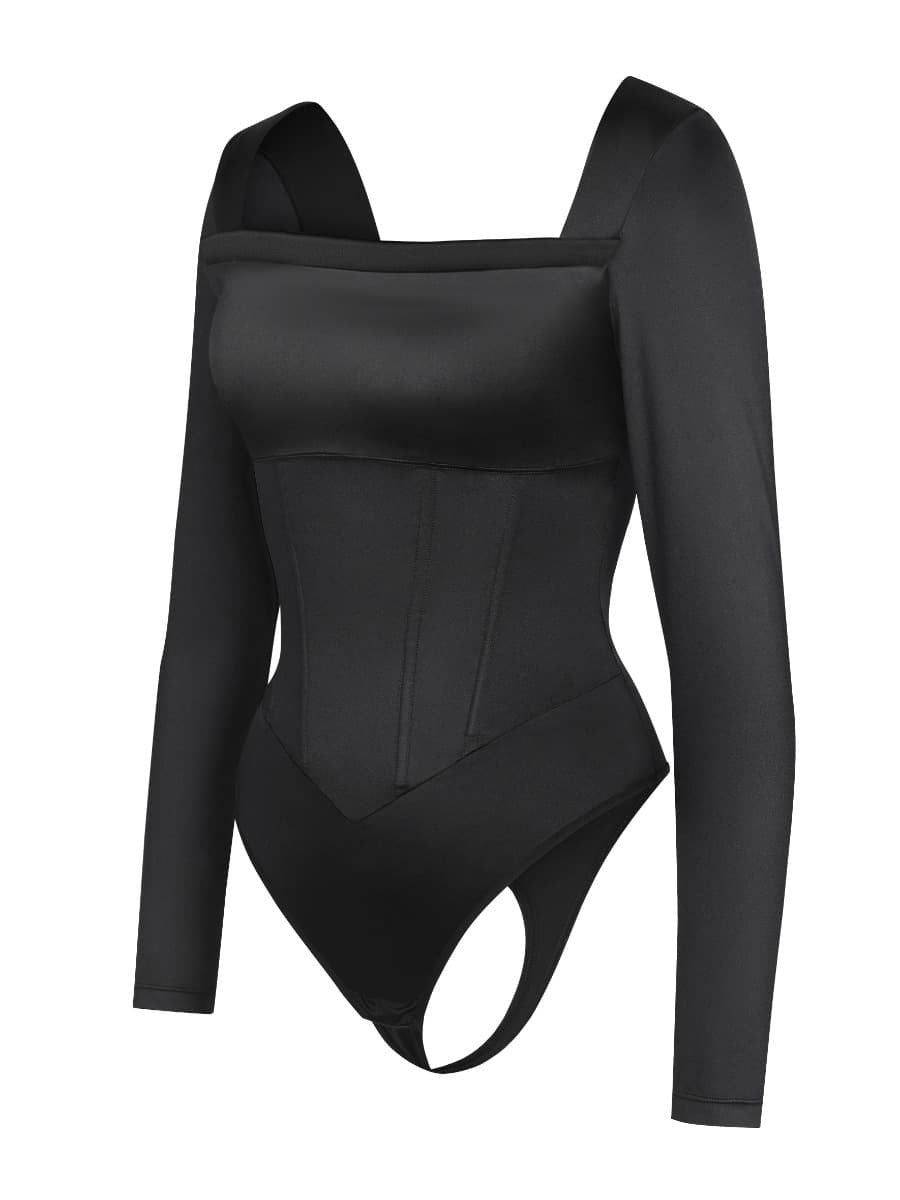 Retro Swing Collar Long Sleeve Bodysuit with Built-in Corset – Waist Shaping & Shoulder Enhancing Shapewear