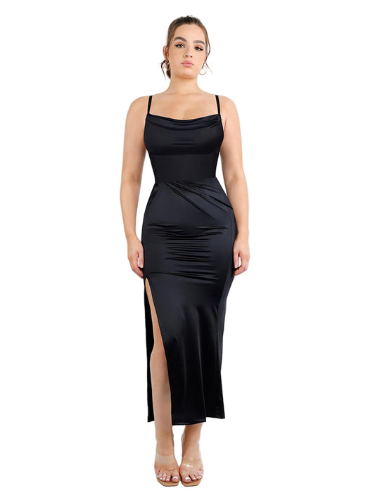 2-Piece Swing Collar Pleated Shaping Dress Set with Built-in Corset