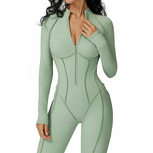 FlexSculpt Zip-Up Yoga Bodysuit – Long Sleeve Compression Jumpsuit