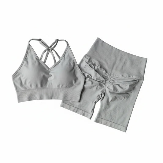 Women’s V-Back Sports Bra Set with High-Waist Shorts
