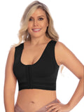 Woman wearing a black sports bra on a white background