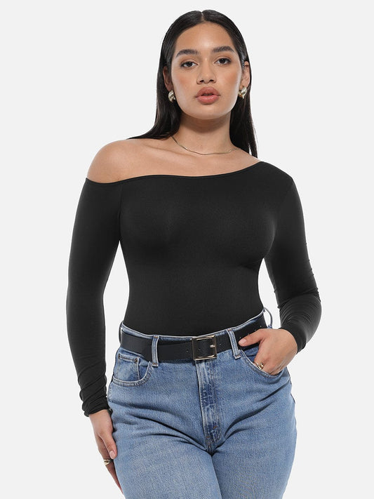 Seamless Diagonal-Neck Long-Sleeve Shaping Thong Bodysuit