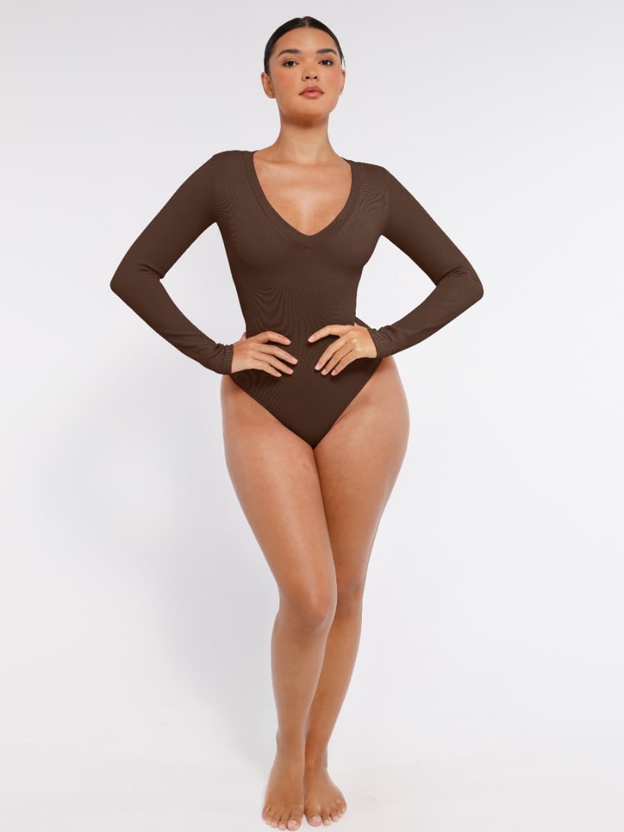 Seamless Long-Sleeve V-Neck Tummy Control Bodysuit
