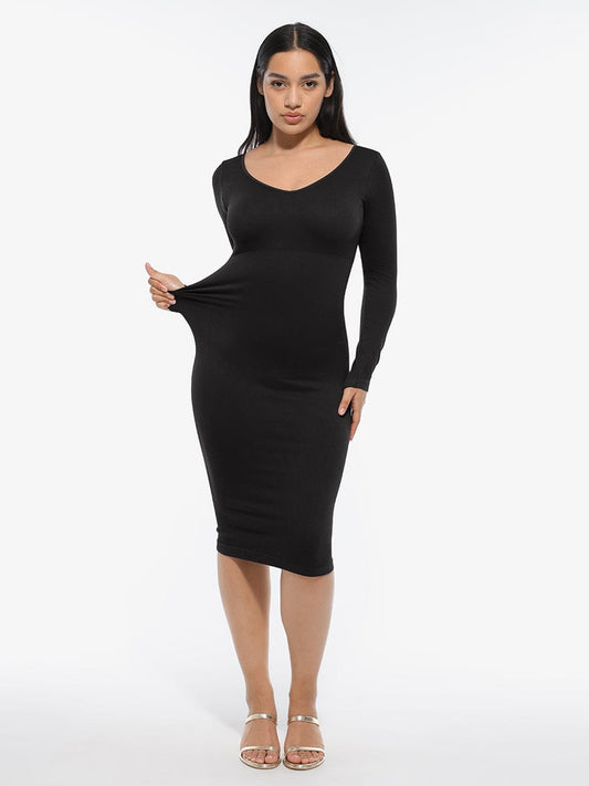 Eco-Friendly Seamless V-Neck Long-Sleeve Shaping Dress