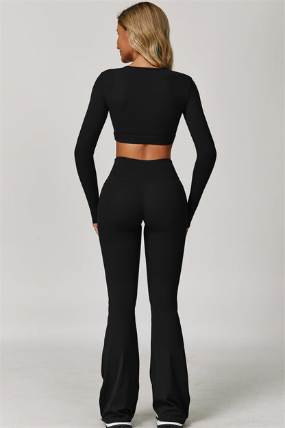 The Lavish Long Sleeve Cut-out Crop Top Flared Leggings 2-Piece Set
