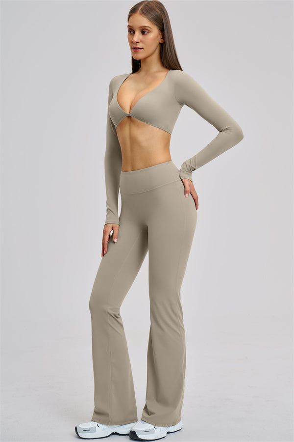 The Zestful Long Sleeve Crop Top Flared Leggings 2-Piece Set