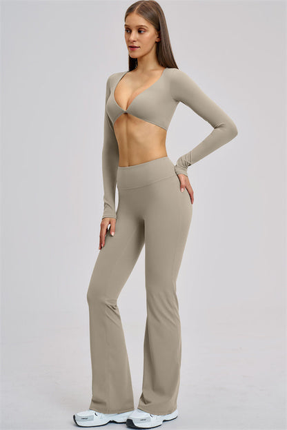 The Zestful Long Sleeve Crop Top Flared Leggings 2-Piece Set