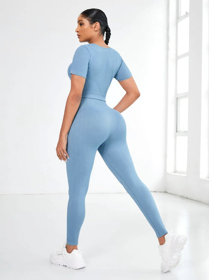 Round Neck Short Sleeve Top and Leggings Active Set