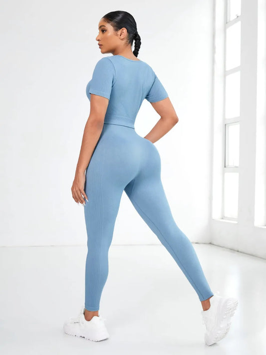 Round Neck Short Sleeve Top and Leggings Active Set