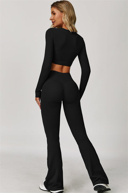 The Lavish Long Sleeve Cut-out Crop Top Flared Leggings 2-Piece Set