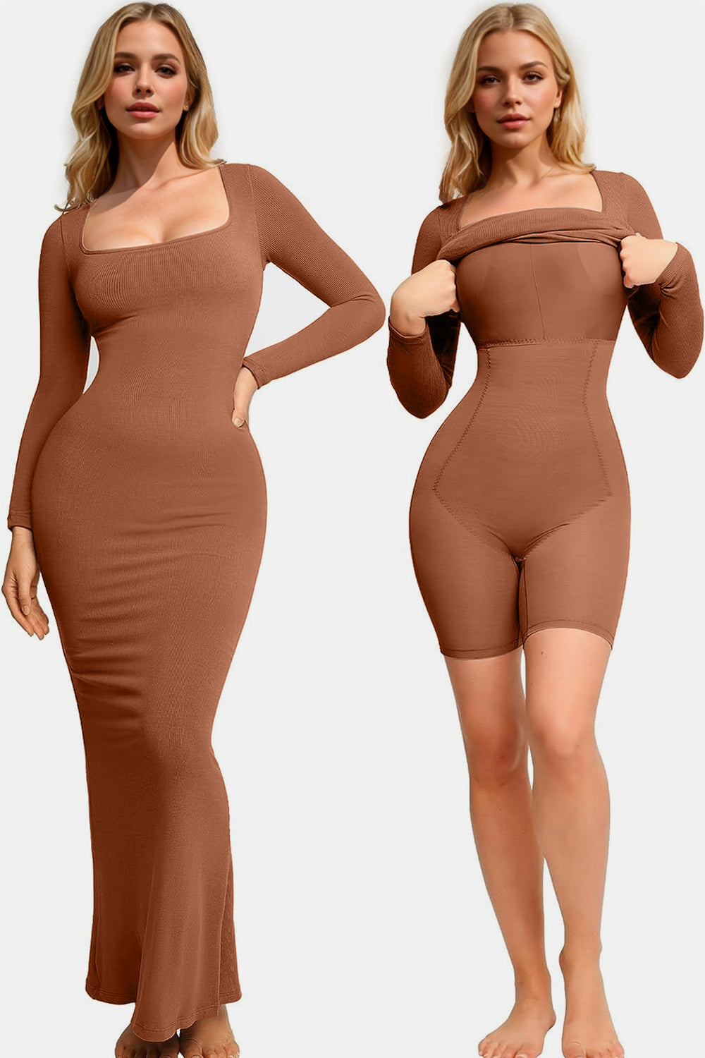 Caramel Built-In Shapewear Dress Square Neck Long Sleeve Maxi Dress Elegant Shapewear Dress For Women