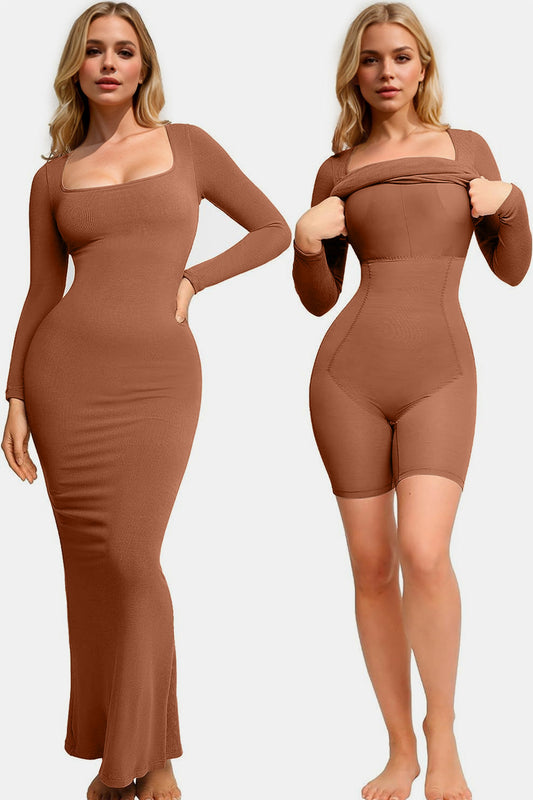 Caramel Built-In Shapewear Dress Square Neck Long Sleeve Maxi Dress Elegant Shapewear Dress For Women