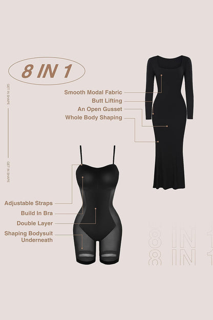 Caramel Built-In Shapewear Dress Square Neck Long Sleeve Maxi Dress Elegant Shapewear Dress For Women