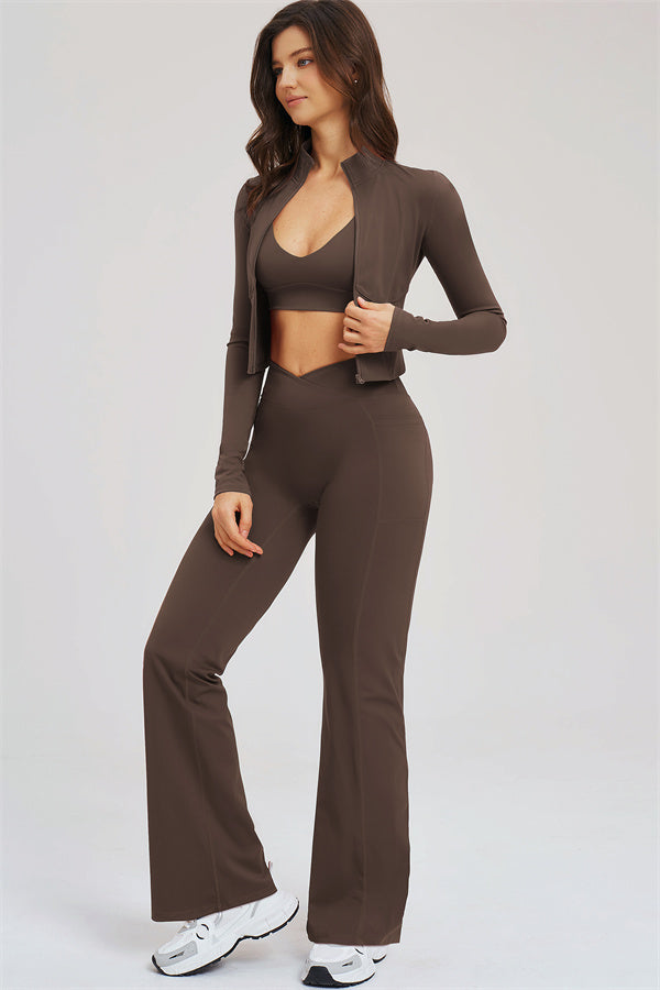 The Sizzle Zip Jacket Sports Bra Flared Leggings 3-Piece Set