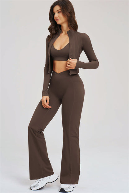 The Sizzle Zip Jacket Sports Bra Flared Leggings 3-Piece Set