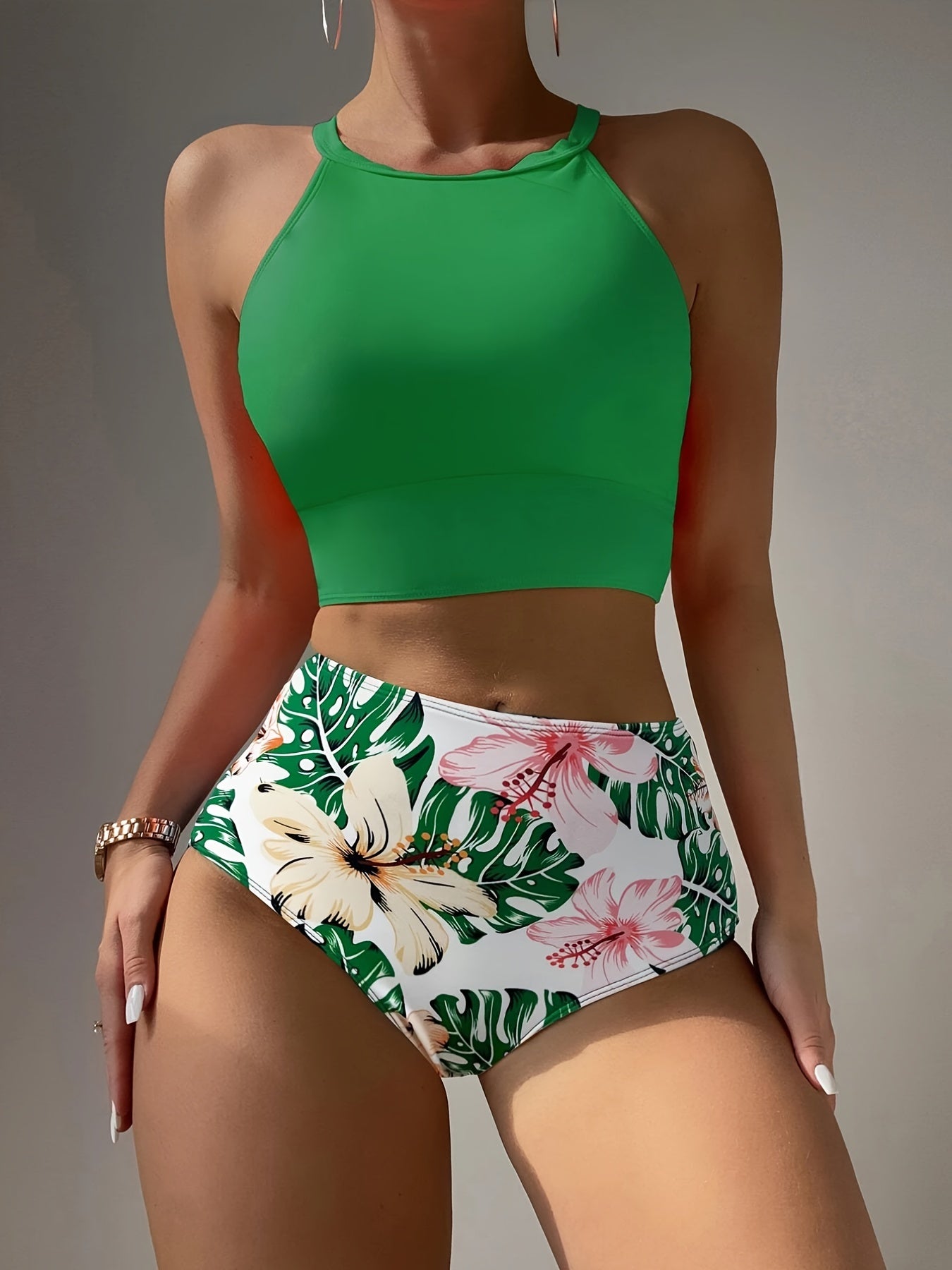 Island Bloom High Waist Bikini Set for Summer – Colorblock Tropical Print Two-Piece Swimsuit with Round Neckline Ultra-Stretch Fit & Applique Detail – Stylish and Comfortable Women’s Swimwear for Pool Beach & Summer Escapes