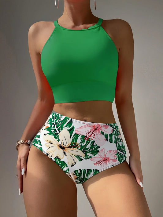 Island Bloom High Waist Bikini Set for Summer – Colorblock Tropical Print Two-Piece Swimsuit with Round Neckline Ultra-Stretch Fit & Applique Detail – Stylish and Comfortable Women’s Swimwear for Pool Beach & Summer Escapes