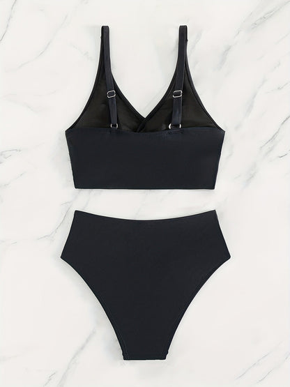 Bikini Solid Black Twist Front High Waist 2 Piece Swimsuit for Women – Stretchy V Neck Bikini Set with Ruched Tummy Control and Cross Strape Detail – Quick Drying Polyamide Swimwear for Beachwear Poolside and Summer Travel