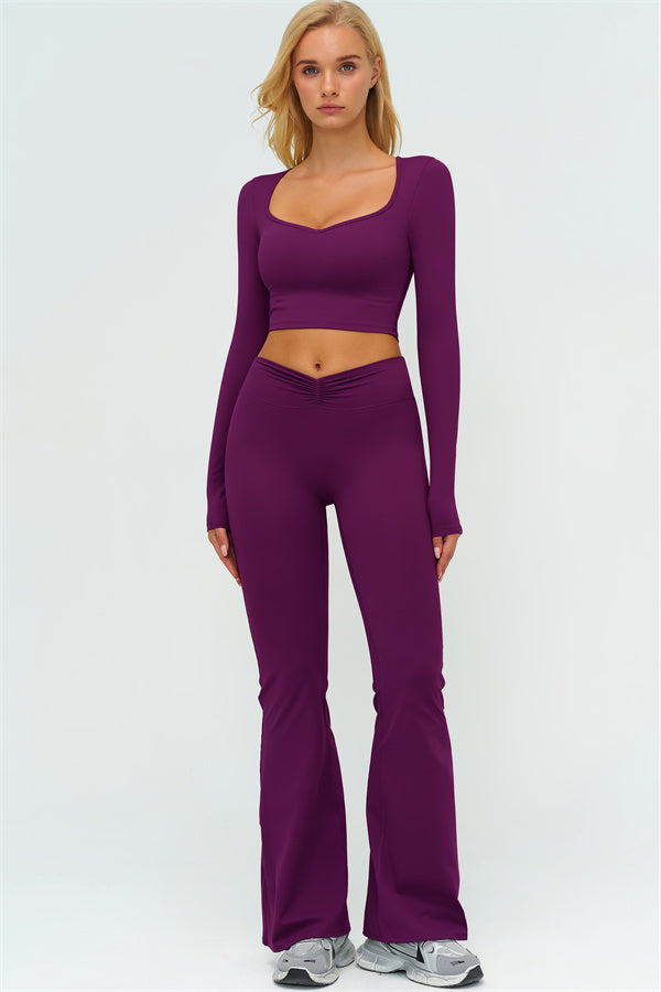 The Lushness Long Sleeve Crop Top Flared Leggings 2-Piece Set
