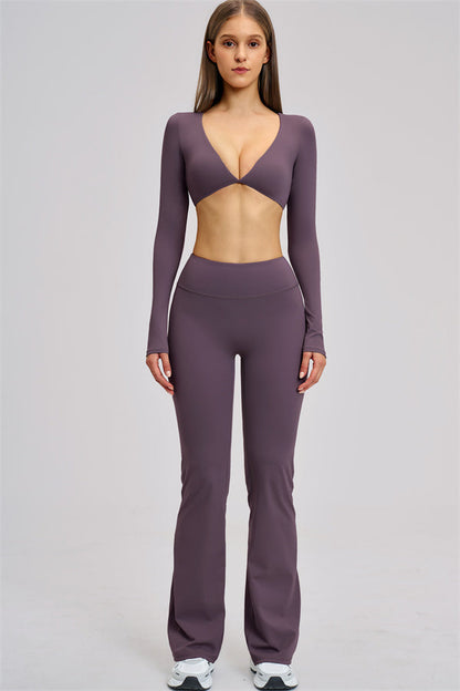 The Zestful Long Sleeve Crop Top Flared Leggings 2-Piece Set