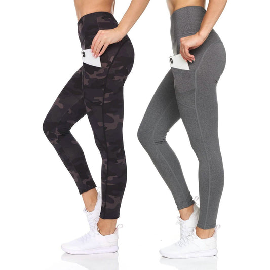 2-Pack: Women's High Waist Active Full Length Leggings with Camo and Solid Print