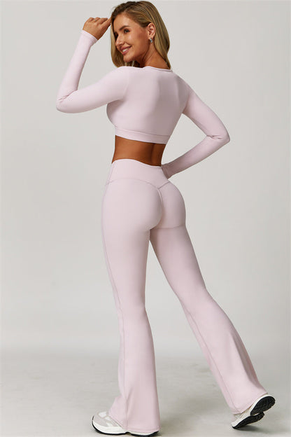 The Lavish Long Sleeve Cut-out Crop Top Flared Leggings 2-Piece Set