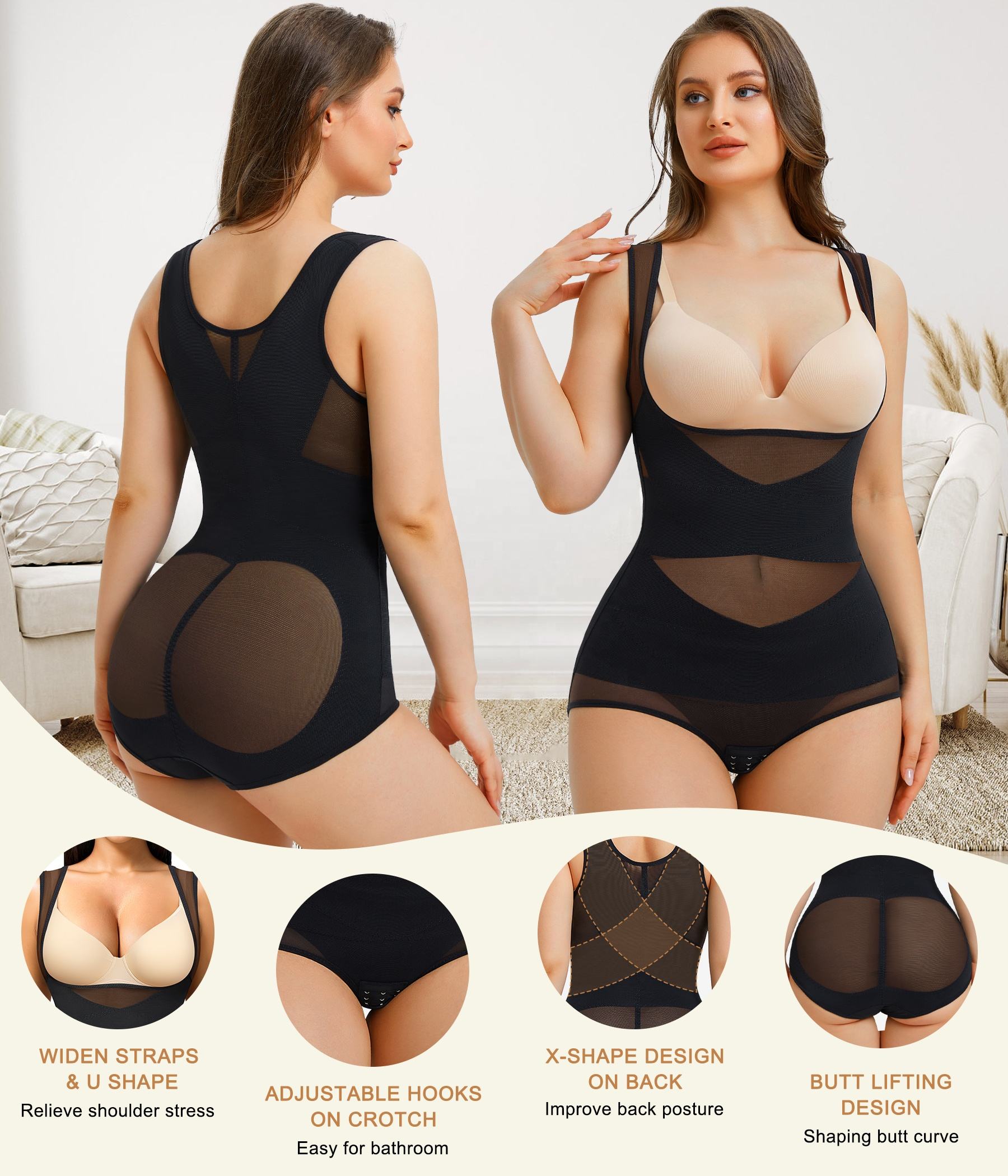 Women’s U Push-Up Chest Mesh Bodysuit – Seamless Tummy Control Shapewear with Butt Lifter & Waist Trimmer