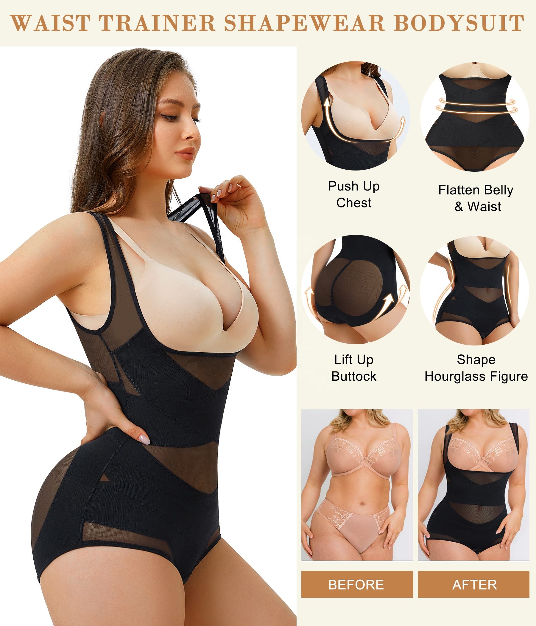 Women’s U Push-Up Chest Mesh Bodysuit – Seamless Tummy Control Shapewear with Butt Lifter & Waist Trimmer