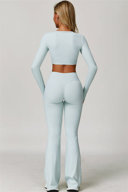 The Lavish Long Sleeve Cut-out Crop Top Flared Leggings 2-Piece Set