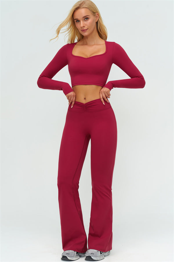 The Lushness Long Sleeve Crop Top Flared Leggings 2-Piece Set
