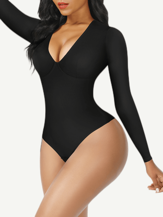 V-Neck Long-Sleeve Thong Waist-Control Bodysuit