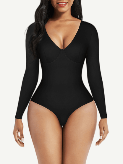 V-Neck Long-Sleeve Thong Waist-Control Bodysuit