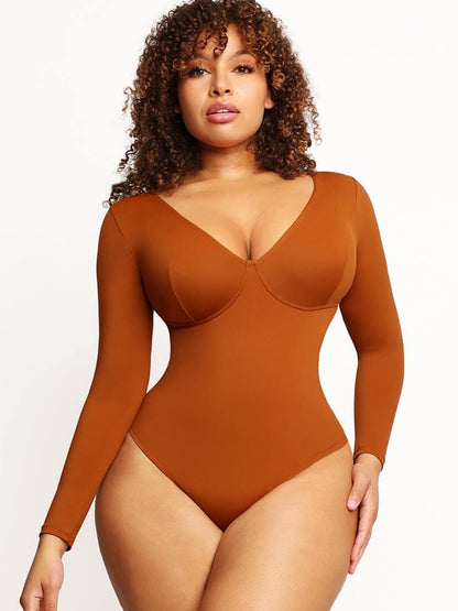 V-Neck Long-Sleeve Thong Waist-Control Bodysuit