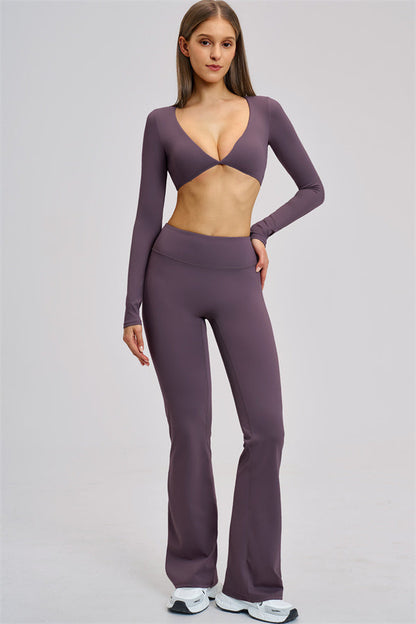 The Zestful Long Sleeve Crop Top Flared Leggings 2-Piece Set