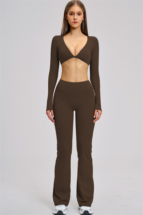 The Zestful Long Sleeve Crop Top Flared Leggings 2-Piece Set