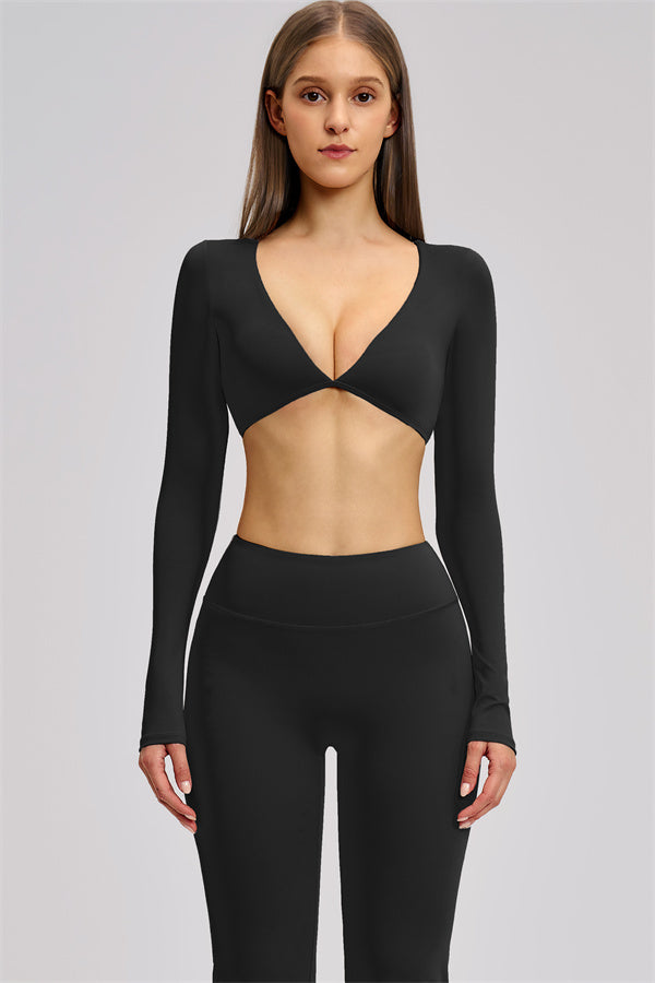 The Zestful Long Sleeve Crop Top Flared Leggings 2-Piece Set