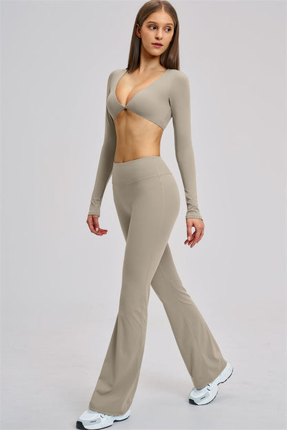 The Zestful Long Sleeve Crop Top Flared Leggings 2-Piece Set