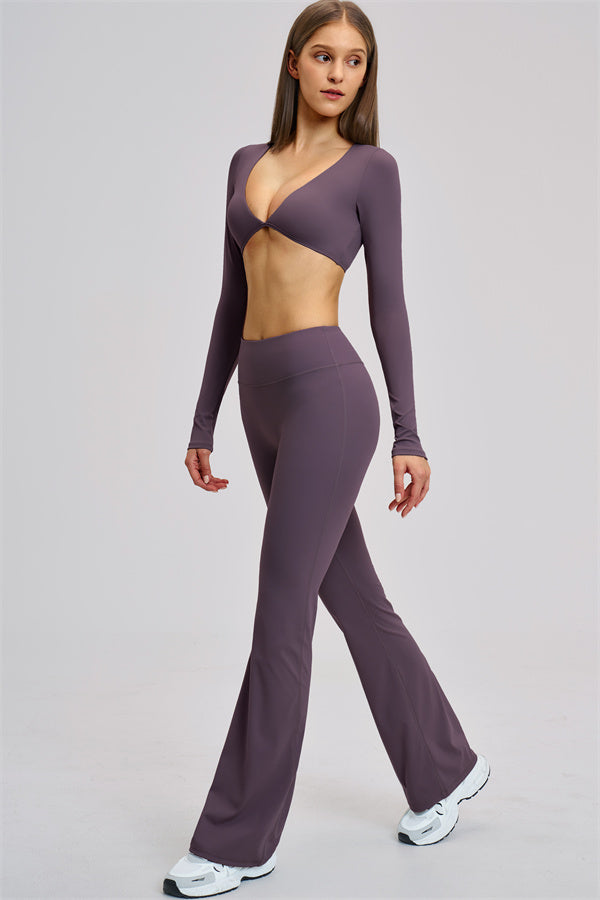 The Zestful Long Sleeve Crop Top Flared Leggings 2-Piece Set