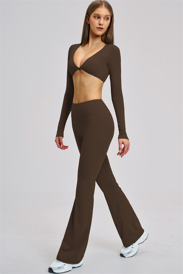 The Zestful Long Sleeve Crop Top Flared Leggings 2-Piece Set