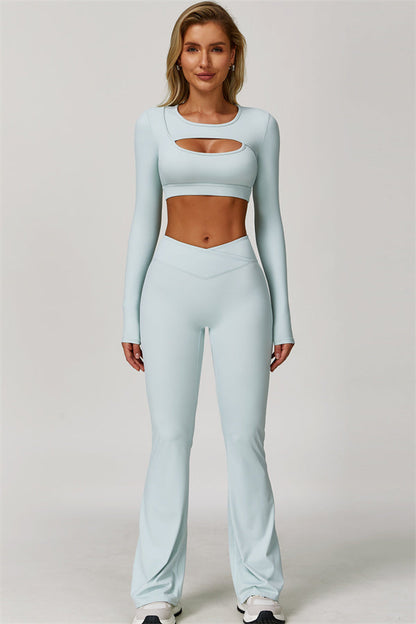 The Lavish Long Sleeve Cut-out Crop Top Flared Leggings 2-Piece Set