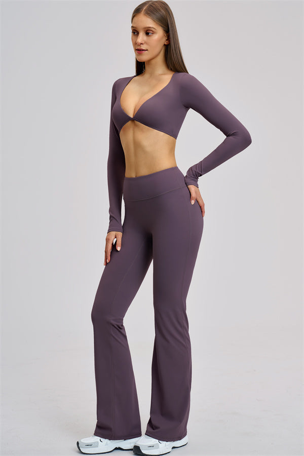 The Zestful Long Sleeve Crop Top Flared Leggings 2-Piece Set