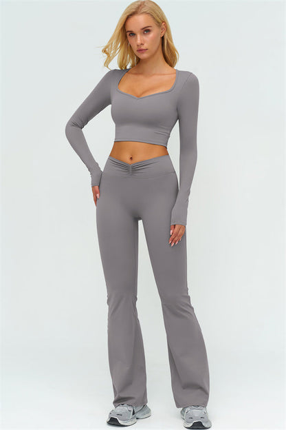 The Lushness Long Sleeve Crop Top Flared Leggings 2-Piece Set