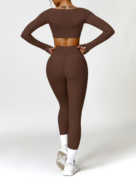 AGYMNX 2pc Workout Set Women Long Sleeve Crop Top High Waist Leggings Brown M