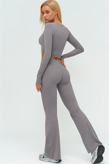 The Lushness Long Sleeve Crop Top Flared Leggings 2-Piece Set