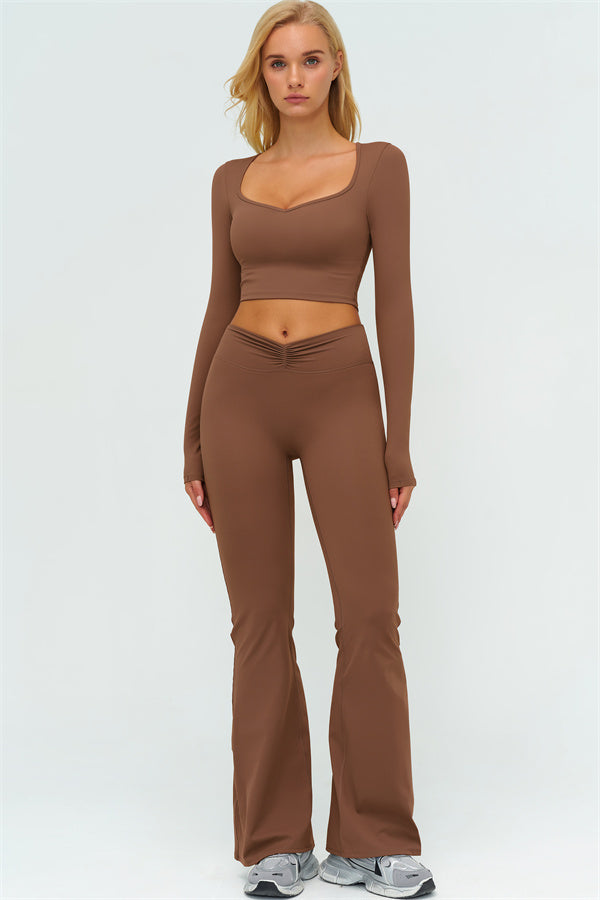 The Lushness Long Sleeve Crop Top Flared Leggings 2-Piece Set