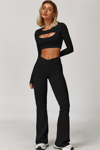 The Lavish Long Sleeve Cut-out Crop Top Flared Leggings 2-Piece Set
