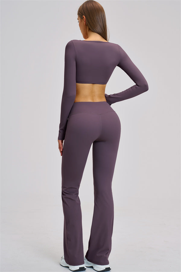 The Zestful Long Sleeve Crop Top Flared Leggings 2-Piece Set